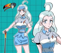 Rule 34 | 1girl, ahoge, bird, blue eyes, blue hair, blue hat, blue skirt, breasts, collared shirt, dinoyhs, flipped hair, gen 7 pokemon, gloves, golf club, hand on own hip, hat, holding, holding golf club, kahili (pokemon), long hair, medium breasts, miniskirt, mole, mole under eye, nintendo, no headwear, pencil skirt, pokemon, pokemon (creature), pokemon sm, shirt, short sleeves, single glove, skirt, striped clothes, striped shirt, sweat, toucan, toucannon, visor cap