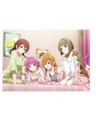 4girls ahoge artbook bed blue_eyes blunt_bangs blunt_ends bob_cut braid brown_hair collarbone dress emma_verde freckles green_pajamas grey_hair hair_between_eyes hair_ornament highres holding hood hoodie indoors jacket konoe_kanata long_hair love_live! love_live!_nijigasaki_high_school_idol_club medium_hair multiple_girls nakasu_kasumi non-web_source official_art pajamas pink_eyes pink_hair pink_pajamas purple_eyes short_hair sketchbook smile tennoji_rina twin_braids twintails yellow_eyes