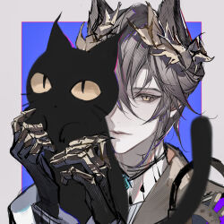Rule 34 | 1boy, absurdres, animal, animal ears, arknights, black cat, black choker, black gloves, black jacket, blue background, border, brown hair, cat, cat boy, cat ears, chinese commentary, choker, claw ring, closed mouth, gloves, grey border, hair over one eye, hands up, highres, holding, holding animal, holding cat, jacket, laurel crown, long sleeves, looking at viewer, male focus, material growth, one eye covered, oripathy lesion (arknights), outside border, phantom (arknights), portrait, shirt, short hair, simple background, slit pupils, solo, tragodia (arknights), white shirt, yellow eyes, yichun583