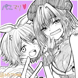 Rule 34 | 2girls, animal ears, bare shoulders, beret, blush, breasts, carrot hair ornament, commentary request, fingerless gloves, food-themed hair ornament, gloves, grin, hair between eyes, hair ornament, hand up, hat, heart, highres, hololive, houshou marine, houshou marine (businesswoman), kiritoma, large breasts, multiple girls, purple background, rabbit ears, see-through cleavage, see-through clothes, short eyebrows, sleeveless, sleeveless jacket, smile, thick eyebrows, translation request, usada pekora, usada pekora (casual), v, virtual youtuber