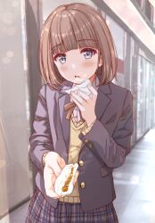 1girl steamed_bun black_jacket black_skirt blazer blunt_bangs blush bob_cut brown_hair brown_sweater collared_shirt commentary_request dress_shirt food fushimi_asuha grey_eyes highres holding holding_food incoming_food jacket long_sleeves medium_hair miniskirt open_clothes open_jacket open_mouth original outdoors plaid_clothes plaid_skirt pleated_skirt shirt skirt solo sweater upper_body white_shirt