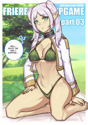 1girl alternate_breast_size bikini blue_sky breasts capelet closed_mouth day earrings elf english_text frieren green_bikini green_eyes grey_hair jewelry kneeling large_breasts meme outdoors pointy_ears redjet skirt sky solo sousou_no_frieren speech_bubble swimsuit thong_bikini tree twintails underboob white_capelet white_skirt