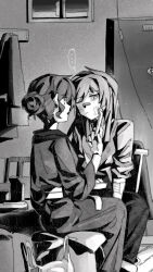 ... 2girls bandaid bandaid_on_face bandaid_on_nose bang_dream! bang_dream!_it&#039;s_mygo!!!!! blush chihaya_anon chinese_commentary commentary_request commission greyscale hair_bun highres holding indoors japanese_clothes kimono lanserongjie long_hair monochrome multiple_girls nagasaki_soyo one_eye_closed open_mouth pants second-party_source sitting sleeves_rolled_up spoken_ellipsis