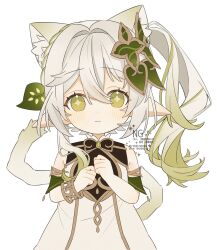 1girl :| absurdres animal_ear_fluff animal_ears blush bracelet cat_ears cat_tail closed_mouth commentary detached_sleeves dress genshin_impact gold_trim gradient_hair green_eyes green_hair green_sleeves hair_between_eyes hair_ornament highres jewelry kemonomimi_mode kumane_(osakanadonn) leaf_hair_ornament long_hair multicolored_hair nahida_(genshin_impact) pointy_ears side_ponytail simple_background sleeveless sleeveless_dress solo star-shaped_pupils star_(symbol) symbol-shaped_pupils tail upper_body white_background white_dress white_hair