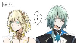 ... 1boy 1girl aglaea_(honkai:_star_rail) anaxa_(honkai:_star_rail) black_vest blonde_hair breast_tattoo commentary_request english_text eyepatch green_eyes green_hair highres honkai:_star_rail honkai_(series) laurel_crown looking_to_the_side multiple_boys multiple_girls partially_shaded_face short_hair simple_background speech_bubble spoken_ellipsis tapiocaballtea tattoo twitter_username upper_body vest white_background