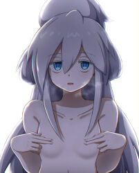 Rule 34 | 1girl, absurdres, blue eyes, breasts, commentary request, covering nipples, covering privates, deux murasame, freckles, grey hair, gundam, gundam gquuuuuux, highres, long hair, nude, open mouth, purple pupils, small breasts, solo, sotomichi, updo, upper body, white background