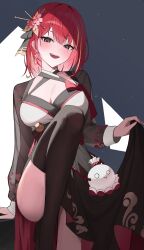 Rule 34 | 1girl, absurdres, akane lize, ass, black dress, black eyes, black thighhighs, breasts, cleavage, convenient leg, criss-cross halter, dress, fangs, flower, hair flower, hair ornament, halterneck, hashtag-only commentary, highres, knee up, korean clothes, large breasts, long sleeves, looking at viewer, medium hair, mole, mole under eye, multicolored hair, open mouth, pienna (akane lize), red hair, see-through clothes, see-through sleeves, shirt, side slit, smile, solo, stellive, streaked hair, thighhighs, virtual youtuber, white shirt, yireh