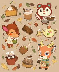 acorn animal_crossing artist_name beau_(animal_crossing) blue_eyes brown_eyes candy_apple chestnut closed_eyes cup cupcake deer dress drink fauna_(animal_crossing) floral_print food ginkgo_leaf highres holding holding_cup horns hot_chocolate leaf marshmallowmug mug nintendo pie pie_slice plaid_clothes plaid_dress poppy_(animal_crossing) pumpkin_pie sharkbooi soup squirrel standing steam sweater teacup teapot watermark