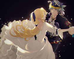 1boy 1girl amano_yoshitaka_design bandana black_jacket black_pants blonde_hair bow celes_chere dancing dress closed_eyes final_fantasy final_fantasy_vi grey_hair hair_bow hair_ribbon holding_hands jacket locke_cole long_hair pants ponytail purple_bow purple_eyes purple_ribbon ribbon white_dress yawai_tofu