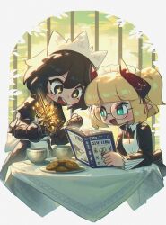 +_+ 2girls :d absurdres aged_down aqua_eyes black_dress black_eyes black_hair blonde_hair blunt_bangs book borrowed_character clenched_hand commentary cookie cup dress english_commentary executioner_maid_(centurii-chan) flareze_(porforever) food hair_between_eyes highres horns juliet_sleeves long_sleeves maid maid_headdress multiple_girls open_book open_mouth original plate pointy_ears ponytail porforever puffy_sleeves short_hair smile sparkle tablecloth