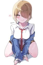 Rule 34 | ;q, blonde hair, blue jacket, collarbone, hair ornament, hair over one eye, hairclip, heaven burns red, highres, jacket, kayamori ruka, kneeling, long hair, necktie, off-shoulder jacket, off shoulder, one eye closed, one eye covered, puyopiku, red eyes, red necktie, shirt, short hair, tongue, tongue out, white shirt