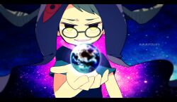 1boy black-framed_eyewear commentary_request copyright_name earth_(planet) fb777 glasses grey_hair grey_shirt hood horns looking_at_viewer m.s.s_project male_focus planet sakaduki_chako shirt short_hair short_sleeves solo yellow_eyes