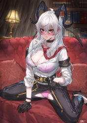1girl arm_pouch armband black_armband black_choker black_gloves black_horns black_pants black_pouch black_shoes black_tail blush bookshelf bra breasts choker cleavage closed_mouth collarbone commentary curled_horns demon_tail gloves grey_hair hair_between_eyes high-waist_pants high_heels highres horns indoors jun_wei large_breasts long_hair looking_at_viewer mole mole_on_breast necktie panties pants pink_bra pink_panties red_eyes red_necktie shirt shirt_tucked_in shoes signature sitting solo tail torn_clothes torn_pants underwear white_shirt wuthering_waves zani_(wuthering_waves)