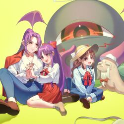 2others 3girls adapted_costume beard beard_bow belt between_legs bow braid brown_eyes brown_footwear brown_hair closed_mouth denim denim_overalls evil_eye_sigma facial_hair genjii_(touhou) guumin hair_bow hakurei_reimu hakurei_reimu_(pc-98) halo hand_between_legs hat highres jacket jacket_on_shoulders jeans long_hair long_sleeves meira_(touhou) multiple_girls multiple_others one_eye_closed open_mouth pants ponytail puffy_long_sleeves puffy_sleeves purple_eyes purple_hair red_bow red_eyes red_jacket red_skirt ribbon rika_(touhou) shirt simple_background sitting skirt smile story_of_eastern_wonderland straw_hat touhou touhou_(pc-98) turtle twin_braids white_hair white_hat white_jacket white_shirt wings yin_yang