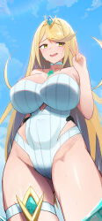 Rule 34 | 1girl, absurdres, blonde hair, blue sky, breasts, choker, cloud, cloudy sky, core crystal (xenoblade), curvy, embarrassed, hair ornament, highres, large breasts, long hair, looking to the side, mythra (radiant beach) (xenoblade), mythra (xenoblade), one-piece swimsuit, oruru63100814, outdoors, sidelocks, sky, solo, swept bangs, swimsuit, thigh strap, thighs, upper body, v, water, wet, white choker, white one-piece swimsuit, xenoblade chronicles (series), xenoblade chronicles 2, yellow eyes