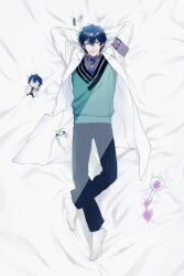1boy aqua_eyes aqua_sweater_vest arms_behind_head blue_hair blue_necktie blue_pants character_doll coat collared_shirt dakimakura_(medium) doll flask full_body gagake_v glasses grey_shirt hair_between_eyes highres lab_coat leos_vincent leos_vincent_(1st_costume) male_focus mameneko_(leos_vincent) necktie nijisanji object_in_pocket open_clothes open_coat pants pen_in_pocket pocket protected_link round-bottom_flask shirt short_hair socks solo spill tie_clip virtual_youtuber white_coat white_socks