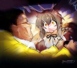 1boy 1girl angry black_hair brown_hair capelet crossover dennis_nedry emphasis_lines frilled_lizard_(kemono_friends) glasses gloves hair_between_eyes highres hondadadadatsu jurassic_park kemono_friends long_hair long_sleeves looking_at_another open_mouth raincoat scared scene_reference short_hair steering_wheel v-shaped_eyebrows wet wet_face wet_hair wide-eyed yellow_eyes yellow_raincoat