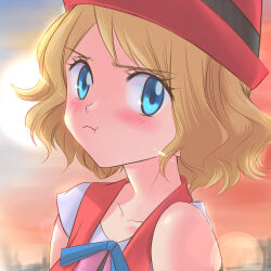 1girl bare_shoulders blonde_hair blue_eyes blue_ribbon blush closed_mouth collarbone commentary_request eyelashes hat highres maskmaya1 neck_ribbon nintendo official_alternate_costume official_alternate_hair_length official_alternate_hairstyle pokemon pokemon_(anime) pokemon_xy_(anime) portrait pout red_hat ribbon serena_(pokemon) short_hair solo