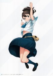 1girl 5pb. absurdres arm_up bag belt belt_pouch blue_bow blue_skirt blue_socks bow brown_belt brown_eyes brown_hair chest_bow chuo_tanegashima_high_school_uniform clenched_hands fist_pump hair_between_eyes hair_bun highres jumping kneehighs leather_belt loafers long_hair looking_at_viewer midriff miniskirt navel official_art pleated_skirt ponytail pouch robotics;notes sailor_collar school_uniform senomiya_akiho serafuku shirt shoes short_hair short_sleeves simple_background skirt smile socks solo thighs white_background white_sailor_collar white_shirt