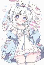 1girl animal_ears asami-chan bandaid bandaid_hair_ornament bare_shoulders blue_bow blue_eyes blue_jacket blue_panties blue_ribbon blush bow breasts bright_pupils choker collarbone commission cowboy_shot dot_nose dress fake_animal_ears frilled_dress frills gauze gauze_on_leg gluteal_fold hair_ornament hairband hand_up highres jacket loli long_sleeves looking_at_viewer medium_hair off_shoulder open_clothes open_jacket open_mouth original panties pantyshot pill pill_hair_ornament pink_bow puffy_long_sleeves puffy_sleeves rabbit rabbit_ears rabbit_hair_ornament ribbon short_dress skindentation sleeveless sleeveless_dress small_breasts solo spaghetti_strap syringe thighhighs underwear vgen_commission watermark white_background white_choker white_dress white_hair white_hairband white_pupils white_thighhighs wing_hair_ornament