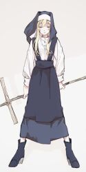 Rule 34 | 1girl, black boots, black skirt, blonde hair, boots, clarice (idolmaster), closed eyes, closed mouth, cross, cross necklace, dress shirt, facing viewer, full body, high heel boots, high heels, highres, holding, holding behind back, holding cross, idolmaster, idolmaster cinderella girls, imay3927, jewelry, long hair, long skirt, long sleeves, necklace, nun, shirt, short hair with long locks, sidelocks, simple background, skirt, sleeve cuffs, solo, standing, straight-on, suspender skirt, suspenders, two-handed, veil, white shirt