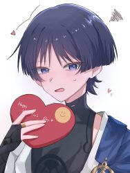1boy armor black_bodysuit black_bridal_gauntlets blue_cape blunt_ends blush bodysuit box bridal_gauntlets cape embarrassed eyeliner eyeshadow genshin_impact gift gift_box gold_ring heart heart-shaped_box highres holding holding_gift japanese_armor japanese_clothes kimono kote kurokote looking_at_viewer makeup male_focus middle_ring open_clothes open_kimono open_mouth purple_eyes red_eyeliner red_eyeshadow scaramouche_(genshin_impact) shoulder_peek solo squiggle sweatdrop toa_scara tsurime wanderer_(genshin_impact) white_background white_kimono wispy_bangs