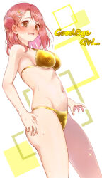 Rule 34 | 1girl, bare shoulders, bikini, blunt bangs, blush, breasts, golden week bikini, hair bun, hair ornament, hairclip, highres, looking at viewer, love live!, love live! nijigasaki high school idol club, medium hair, navel, nori shio (ususiosaikou), open mouth, pink hair, single side bun, solo, swimsuit, tears, uehara ayumu, yellow eyes