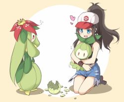 10s baseball_cap binsen blue_eyes brown_hair creatures_(company) denim denim_shorts eggshell game_freak gen_5_pokemon hat hilda_(pokemon) lilligant nintendo petilil pokemon pokemon_(creature) pokemon_bw red_eyes shorts