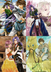 1990s_(style) 1boy 2girls alternate_hair_color androgynous armor bad_id bad_pixiv_id belt blonde_hair boco bartz_klauser candle0213 cape chocobo cloak coat crossdressing dancing dress faris_scherwiz final_fantasy final_fantasy_v formal_clothes hair_over_one_eye headband jacket lenna_charlotte_tycoon multiple_girls pirate ponytail reverse_trap riding sword weapon