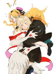 2girls black_dress blonde_hair blush bow braid closed_eyes dress dungeon_meshi elf falin_touden falin_touden_(tallman) feather_dress green_eyes grey_hair hair_bow kuma20151225 lifting_person marcille_donato multiple_girls official_alternate_costume over_shoulder pointy_ears red_shawl shawl twin_braids white_dress