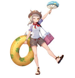 1girl absurdres animal_ears ankle_bell bell bracelet breasts brown_eyes brown_hair brown_sandals brown_shorts commentary cooler dog_ears dog_girl dog_tail english_commentary fang footwear_bell four-leaf_clover_print full_body hand_fan hat highres holding holding_fan holding_swim_ring innertube jewelry king&#039;s_raid lagna low_ponytail medium_hair multiple_bracelets neckerchief official_alternate_costume official_art one_eye_closed petite ponytail purple_sleeves red_neckerchief requina sandals shirt short_sleeves shorts skin_fang small_breasts solo straw_hat sun_hat swim_ring tail white_shirt