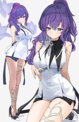 1girl absurdres arms_behind_back asahina_mafuyu bare_shoulders black_shoes blush breasts buttons clock_hands closed_mouth commentary_request crossed_bangs dress earrings flower full_body hair_between_eyes hair_over_shoulder high_heels high_ponytail highres jewelry kneeling large_breasts light_blush long_hair looking_at_viewer multiple_views necktie official_alternate_costume ponytail project_sekai purple_eyes purple_flower purple_hair shoes short_dress sidelocks single_bare_arm sleeveless sleeveless_dress standing thighs usagi_melon3 utakata_ni_idakarete_(project_sekai) white_dress white_necktie