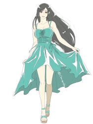1girl aqua_dress bare_arms bare_legs bare_shoulders black_hair breasts camo_niku clothes_lift collarbone commentary_request dress dress_lift earrings feet final_fantasy final_fantasy_vii final_fantasy_vii_remake full_body jewelry long_hair looking_at_viewer medium_breasts parted_lips red_eyes sandals solo straight-on sundress tifa_lockhart toes twitter_username walking white_background