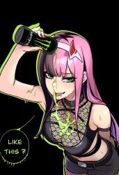 1girl absurdres ai-assisted alternate_hair_color arm_up black_background black_hair breasts can darling_in_the_franxx drink_can energy_drink english_text eyeliner goth_fashion green_eyes hair_ornament hairband highres holding holding_can horns long_hair makeup medium_breasts monster_energy multicolored_hair nail_polish piercing pink_hair pouring pouring_onto_self red_eyeliner red_horns red_nails redpostit simple_background soda_can solo speech_bubble split-color_hair straight_hair tongue tongue_out tongue_piercing wet wet_clothes white_hairband zero_two_(darling_in_the_franxx)