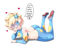 1girl 3d_glasses ass bare_shoulders big_hair blonde_hair blue_glasses blue_pants body_freckles breasts butt_crack diadem el_quijote english_text female_focus floral_print freckles glasses green_eyes happy heart highres impossible_clothes lips long_sleeves looking_at_viewer lowleg lowleg_pants lying midriff on_stomach open_mouth original pants pink_pupils richie_(el_quijote) rose_print shiny_clothes shiny_skin short_hair small_breasts smile solo speech_bubble star_(symbol) tattoo teeth upper_teeth_only white_background wide_hips