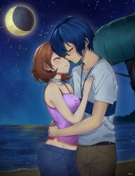 1boy 1girl absurdres arms_around_waist artist_name aruman.aru bare_arms bare_shoulders beach blue_hair blue_pants blush breasts brown_hair brown_pants camisole choker closed_eyes closed_mouth collarbone commentary commission couple cowboy_shot crescent_moon denim earrings english_commentary facing_another flipped_hair hair_over_one_eye hand_on_another&#039;s_chest heart heart_choker height_difference highres hug jeans jewelry medium_breasts midriff_peek moon night night_sky ocean official_alternate_costume outdoors pants persona persona_3 persona_3_reload pink_camisole shirt short_hair short_sleeves sky spaghetti_strap star_(sky) starry_sky stud_earrings takeba_yukari white_choker white_shirt yuuki_makoto_(persona_3)