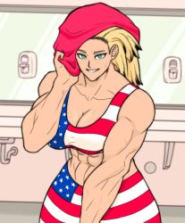 1girl abs american_flag american_flag_print bare_shoulders bathroom blonde_hair boku_no_hero_academia breasts cleavage collarbone flag_print green_eyes hensket highres large_breasts long_hair looking_at_viewer muscular muscular_female smile solo sports_bra star_and_stripe_(boku_no_hero_academia) sweat towel