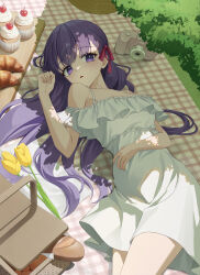 Rule 34 | 1girl, absurdres, bread, bush, camera, commentary, croissant, cupcake, dappled sunlight, dress, fate/stay night, fate (series), flower, food, hair ribbon, heaven&#039;s feel, highres, long hair, lying, matou sakura, meongchong, on back, open mouth, outdoors, picnic, picnic basket, picnic blanket, purple eyes, purple hair, red ribbon, ribbon, solo, sunlight, white dress, yellow flower