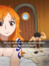 1boy 1girl bed_sheet beetle black_hair breasts bug cleavage collarbone he_literally_just_nutted_in_me_(meme) highres indoors insect large_breasts long_hair meme monkey_d._luffy nami_(one_piece) one_piece orange_hair shampowrado short_hair topless_female