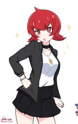 1boy 2girls :o absurdres black_choker black_skirt blue_hair blush bracelet bright_pupils casual choker eyelashes grey_jacket hand_on_own_hip highres jacket jewelry jupiter_(pokemon) ken-pai_(kenpai_arts) long_sleeves looking_at_viewer mars_(pokemon) miniskirt multiple_girls nintendo open_clothes open_jacket open_mouth pokemon pokemon_dppt purple_hair red_eyes red_hair saturn_(pokemon) shirt short_hair signature simple_background skirt solo_focus sparkle team_galactic twitter_username white_background white_pupils white_shirt