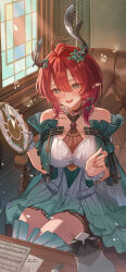 1girl absurdres bare_shoulders black_choker blush breasts camunekoz cat choker ciaccona_(wuthering_waves) commentary_request dress green_eyes hair_between_eyes hands_up highres holding_tambourine indoors large_breasts looking_at_viewer medium_hair musical_note open_mouth paper pointy_ears sitting smile solo symbol-shaped_pupils tacet_mark_(wuthering_waves) thighs tree_horns white_dress wuthering_waves yellow_pupils