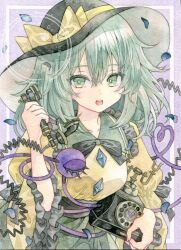 Rule 34 | 1girl, absurdres, black hat, blue petals, bow, breasts, buttons, collarbone, collared shirt, commentary request, corded phone, diamond button, eyeball, falling petals, frilled shirt collar, frilled sleeves, frills, green eyes, green hair, green skirt, hat, hat bow, highres, holding, holding phone, kisarush, komeiji koishi, long hair, long sleeves, looking at viewer, open mouth, painting (medium), petals, phone, shirt, skirt, smile, solo, third eye, touhou, traditional media, watercolor (medium), watermark, wide sleeves, yellow bow, yellow shirt