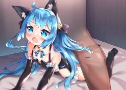1boy 1girl akimiya_yamiku animal_ear_fluff animal_ears bell black_gloves black_thighhighs breasts cat_ears commentary elbow_gloves english_commentary gloves hair_bell hair_ornament hetero highres invisible_man jingle_bell king&#039;s_raid lilia_(king&#039;s_raid) loli long_hair mixed-language_commentary no_shoes open_mouth paid_reward_available prone_bone sex sex_from_behind small_breasts thighhighs