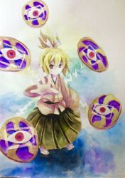 1girl blonde_hair bow bright_pupils brown_kimono closed_mouth commentary_request flat_chest green_hakama hair_bow hakama hakama_skirt japanese_clothes kaigen_1025 kimono long_sleeves painting_(medium) ponytail red_eyes sandals skirt touhou touhou_(pc-98) traditional_media watercolor_(medium) white_bow white_pupils yuugenmagan zouri
