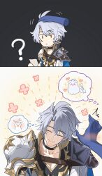 Rule 34 | 1boy, 1other, ?, antenna hair, armor, black choker, black shirt, blue cape, cape, choker, closed eyes, coat, hand blush, headpat, hei lang, highres, honkai: star rail, honkai (series), male focus, neck tattoo, parted bangs, pauldrons, phainon (honkai: star rail), phainon (khaslana) (honkai: star rail), pov, pov hands, shirt, short hair, shoulder armor, side cape, single pauldron, spoken animal, spoken character, sun symbol, sun tattoo, tan, tattoo, white coat, white hair