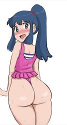 1girl adjusting_clothes adjusting_swimsuit ass blue_eyes blue_hair blush cowboy_shot dawn_(pokemon) embarrassed female_focus from_behind high_ponytail highleg highleg_one-piece_swimsuit highres legs_together looking_at_viewer looking_back nintendo one-piece_swimsuit pink_one-piece_swimsuit pokemon pokemon:_arceus_and_the_jewel_of_life pokemon_(anime) pokemon_(creature) pokemon_dppt_(anime) ponytail revealing_clothes rider_117 shiny_skin simple_background solo standing sweat swimsuit white_background