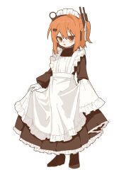 Rule 34 | 1girl, a.i. voice, adachi rei, alternate costume, apron, black dress, commentary, dress, enmaided, frilled apron, frilled dress, frills, full body, highres, kuuurusuke, long sleeves, looking at viewer, maid, maid apron, maid headdress, medium hair, one side up, orange eyes, orange hair, simple background, skirt hold, solo, standing, utau, white apron, white background