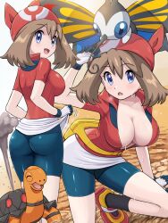 1girl absurdres ass bandana beautifly bike_shorts bike_shorts_under_shorts blue_eyes blush breasts brown_hair cleavage fanny_pack gen_3_pokemon gloves hairband highres large_breasts looking_at_viewer may_(pokemon) nintendo open_mouth pokemoa pokemon pokemon_(creature) pokemon_rse red_bandana red_hairband red_shirt shirt short_hair shorts shorts_under_shorts smile solo sweat sweatdrop torkoal