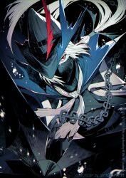1boy anchor arknights black_background black_hat chain commentary glaring hat highres holding holding_anchor looking_at_viewer male_focus mask meiji_ken neckerchief pointy_hat ponytail red_eyes short_hair short_ponytail simple_background solo twitter_username ulpianus_(arknights) upper_body white_hair white_neckerchief