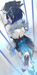 1girl absurdres back backless_dress backless_outfit black_gloves blue_dress blue_eyes blue_hair bracelet breasts closed_mouth dress eyebrows_hidden_by_hair full_body fur_trim genshin_impact gloves hair_ornament high_heels highres jewelry looking_at_viewer short_hair smile solo standing string user_dntu8858 yelan_(genshin_impact) yelan_(tranquil_banquet)_(genshin_impact)